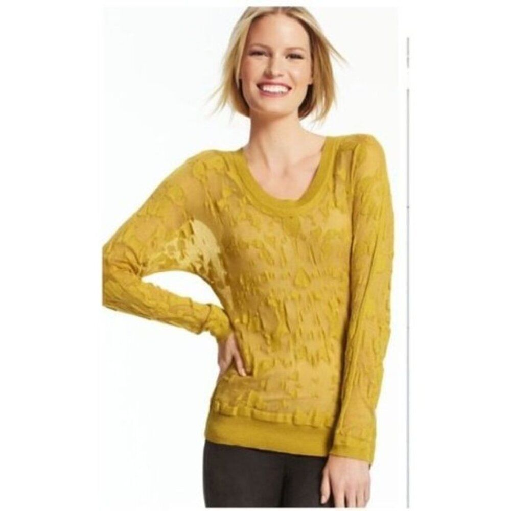 Cabi Yellow Ochre Burnout Sweater 477 Long Sleeve Medium Lightweight Semi-Sheer